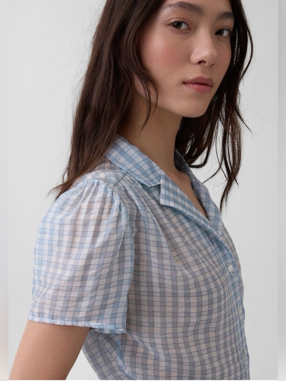 GAP sheer peplum button-front top, blue and white check, size L, NWT - Picture 5 of 9